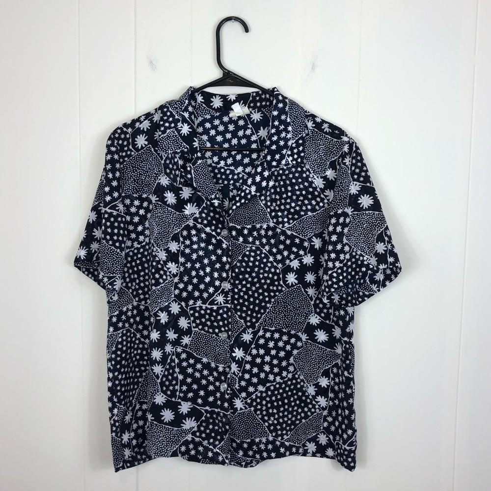 Vintage Abstract Satin Short Sleeved‎ Button Down Sz L